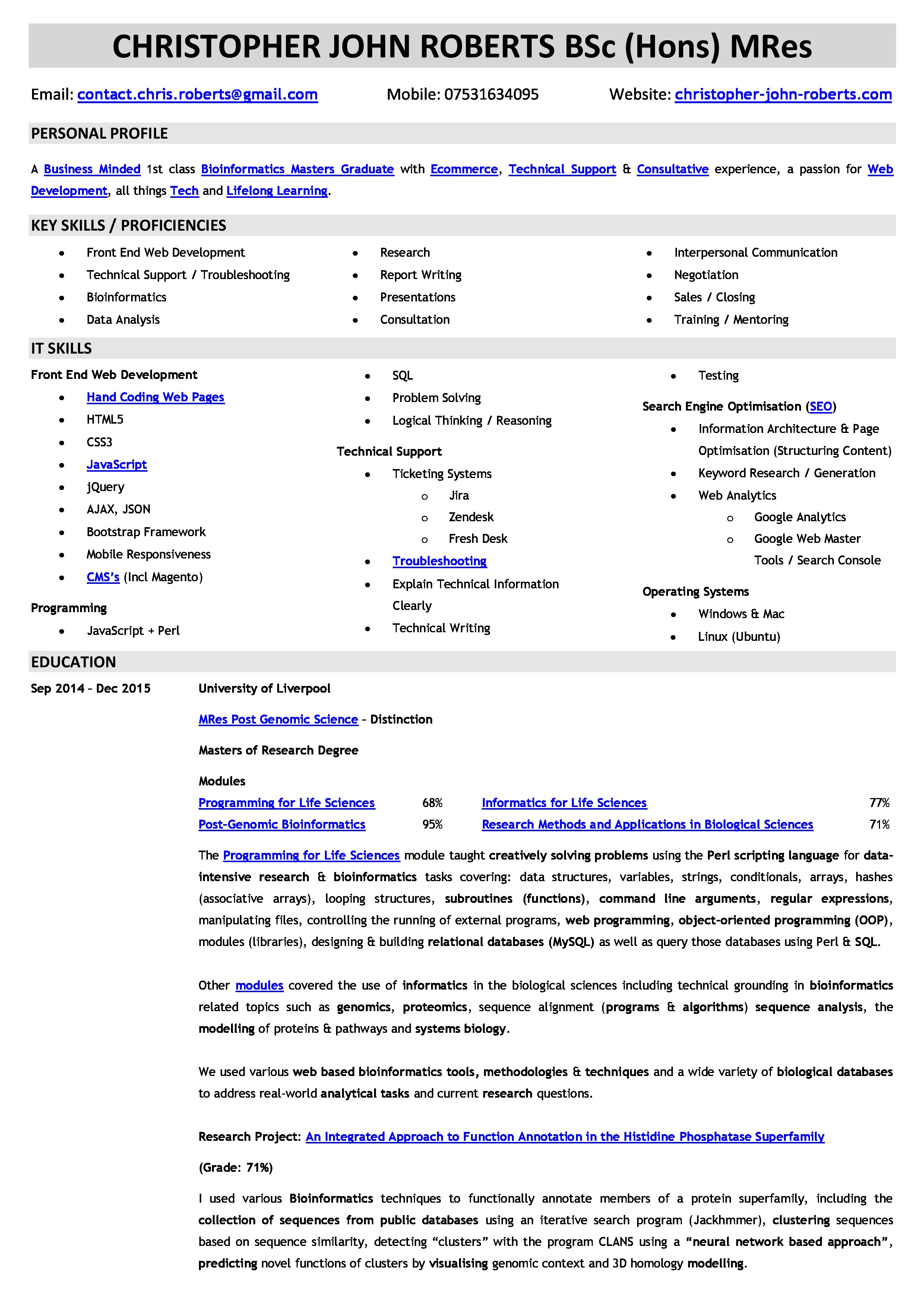 Christopher John Roberts CV Resume Page 1